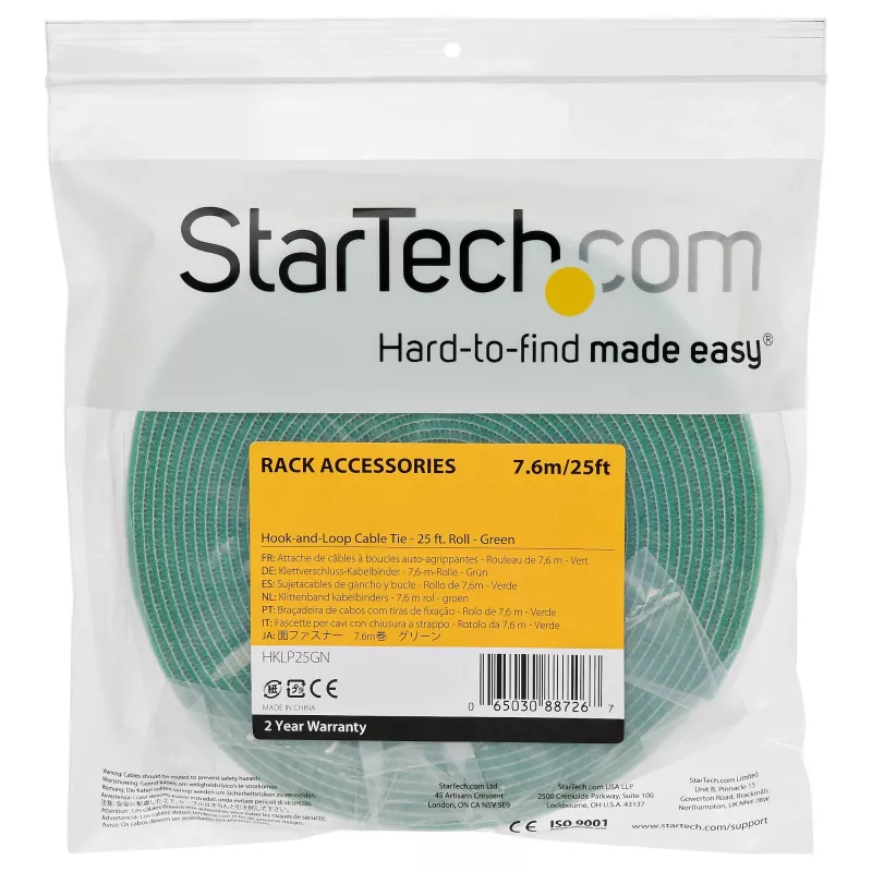 StarTech.com 7,6 m Klettbandrolle - zuschneidbare wiederverwendbare Kabelbinder - industrielles Kabelbefestigungsband auf Rolle / verstellbare Textilumwicklung, grün / wiederverwendbare selbsthaftende Kabelmanagement-Bänder