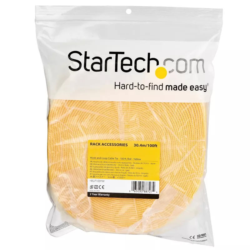 StarTech.com 30,5 m Klettband-Rolle - auf Maß zuschneidbare wiederverwendbare Kabelbinder - Industrielles Kabelbefestigungsband als Meterware / verstellbare Stoffbänder gelb / wiederverwendbare selbsthaftende Kabelmanagementbänder