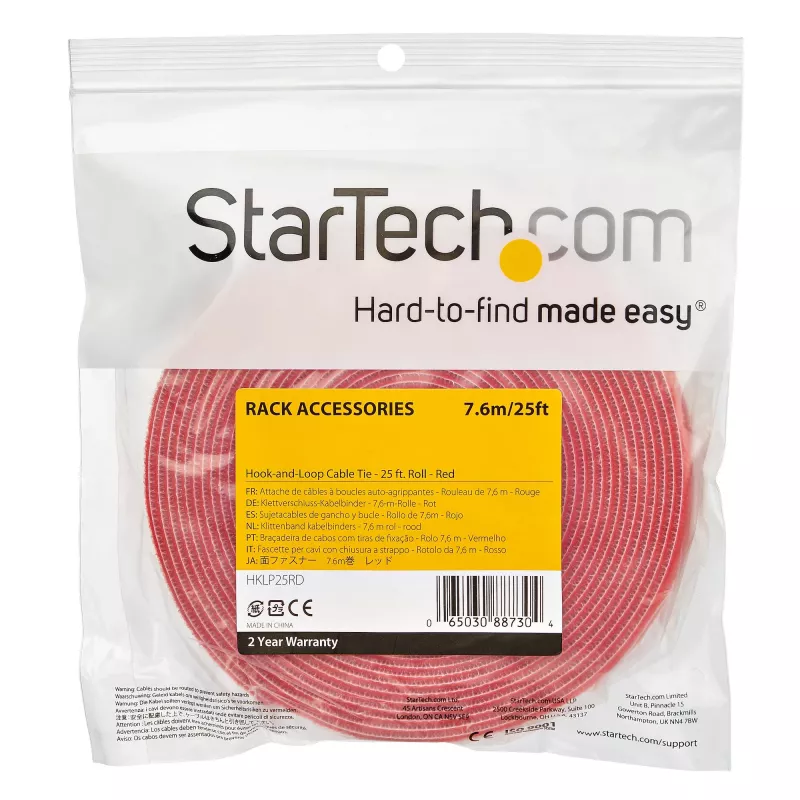 StarTech.com 7,6 m Klettband Rolle – zuschneidbare wiederverwendbare Kabelbinder – Industrielles Kabelbefestigungsband / verstellbare Stoffumwicklung rot / selbsthaftende Kabelmanagementgurte