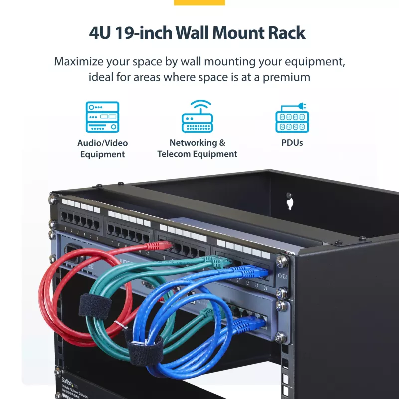 StarTech.com 4U Wandmontage-Netzwerk-Rack – 14 Zoll tief (flaches Profil) – 19 Zoll Patchpanel-Halterung für flache Server- und IT-Geräte, Netzwerk-Switches – 20 kg Tragfähigkeit, Schwarz
