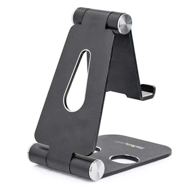 StarTech.com Telefon- und Tablet-Ständer – Faltbarer universeller Halter für Mobilgeräte für Smartphones & Tablets – Verstellbarer ergonomischer Handy-Ständer mit mehreren Winkeln für den Schreibtisch – Tragbar – Schwarz