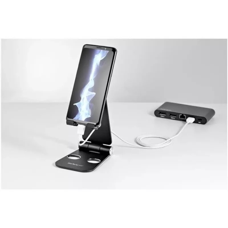 StarTech.com Telefon- und Tablet-Ständer – Faltbarer universeller Halter für Mobilgeräte für Smartphones & Tablets – Verstellbarer ergonomischer Handy-Ständer mit mehreren Winkeln für den Schreibtisch – Tragbar – Schwarz