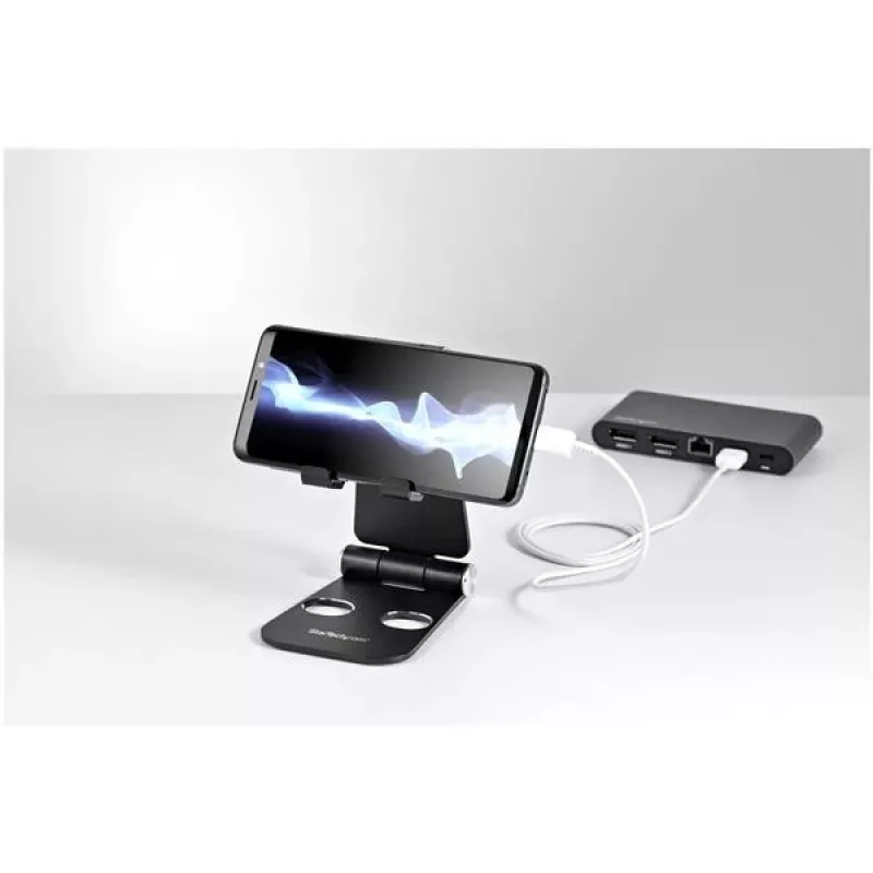 StarTech.com Telefon- und Tablet-Ständer – Faltbarer universeller Halter für Mobilgeräte für Smartphones & Tablets – Verstellbarer ergonomischer Handy-Ständer mit mehreren Winkeln für den Schreibtisch – Tragbar – Schwarz