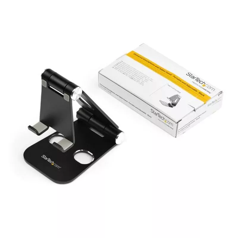 StarTech.com Telefon- und Tablet-Ständer – Faltbarer universeller Halter für Mobilgeräte für Smartphones & Tablets – Verstellbarer ergonomischer Handy-Ständer mit mehreren Winkeln für den Schreibtisch – Tragbar – Schwarz