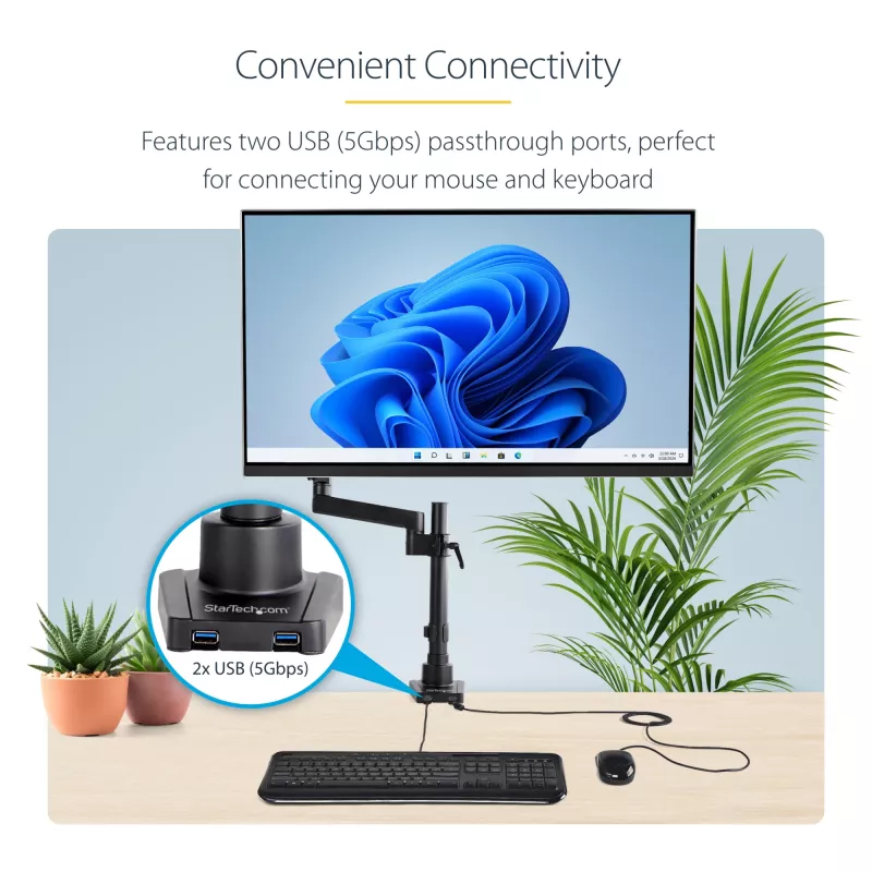 StarTech.com Schreibtischhalterung Monitorarm mit 2x USB 3.0 Anschlüssen, vollbewegliche Einzelmonitorhalterung, bis zu 34 Zoll (17,6 lb/8 kg) VESA-Display, Klemm-/Tüllenmontage, mechanische Feder