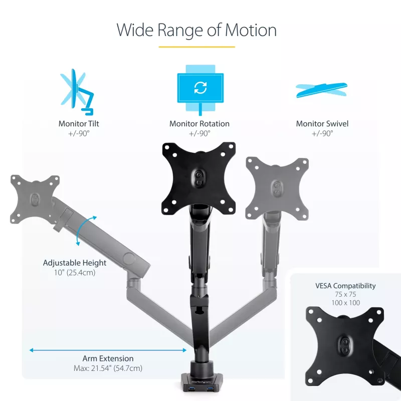 StarTech.com Schreibtisch-Monitorarm mit 2x USB 3.0 Anschlüssen, schlank Full Motion Single Monitorhalterung, bis zu 34 Zoll (8 kg) VESA-Display, Klemm-/Tüllenmontage, mechanische Feder