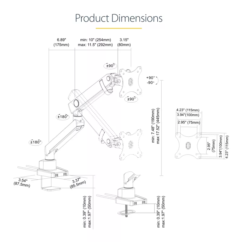 StarTech.com Schreibtisch-Monitorarm mit 2x USB 3.0 Anschlüssen, schlank Full Motion Single Monitorhalterung, bis zu 34 Zoll (8 kg) VESA-Display, Klemm-/Tüllenmontage, mechanische Feder