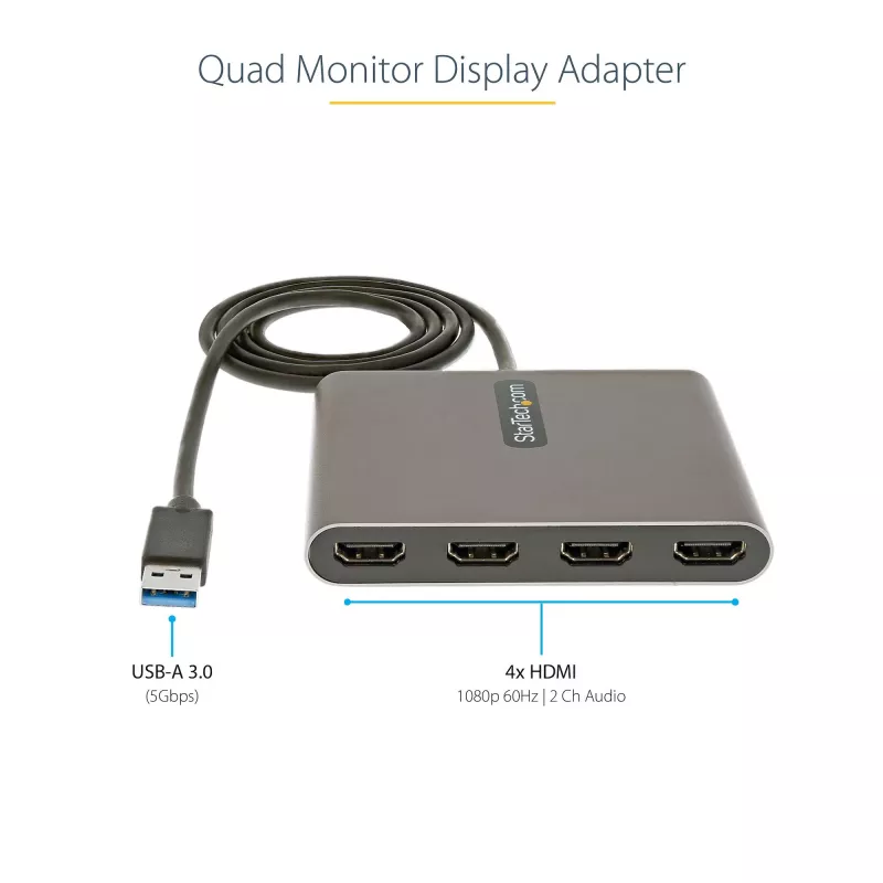StarTech.com USB 3.0 auf Quad HDMI Adapter, USB auf 4x HDMI Monitor Konverter für Windows (keine Unterstützung für macOS/ChromeOS/Linux) - TAA