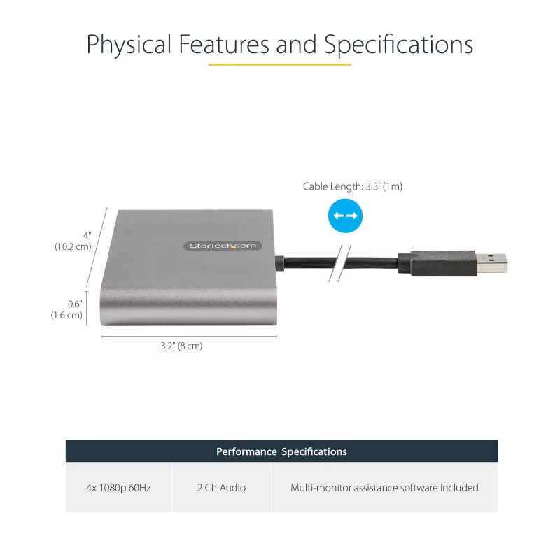 StarTech.com USB 3.0 auf Quad HDMI Adapter, USB auf 4x HDMI Monitor Konverter für Windows (keine Unterstützung für macOS/ChromeOS/Linux) - TAA