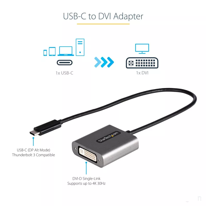 StarTech.com USB-C-auf-DVI-Adapter – 1920x1200p USB-C-auf-DVI-D-Adapter-Dongle – USB-Typ-C-auf-DVI-Display/Monitor – Videokonverter – Thunderbolt 3 kompatibel – 12 Zoll langes fest angebrachtes Kabel – Aktualisierte Version von CDP2DVI
