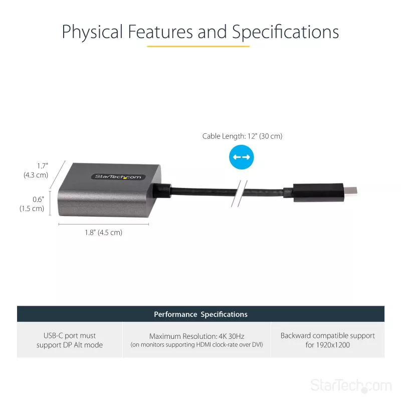 StarTech.com USB-C-auf-DVI-Adapter – 1920x1200p USB-C-auf-DVI-D-Adapter-Dongle – USB-Typ-C-auf-DVI-Display/Monitor – Videokonverter – Thunderbolt 3 kompatibel – 12 Zoll langes fest angebrachtes Kabel – Aktualisierte Version von CDP2DVI