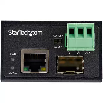 StarTech.com Industrieller Glasfaser-zu-Ethernet-Medienkonverter – 100 Mbit/s SFP auf RJ45/Cat6 – Singlemode/Multimode optische Faser zu Kupfernetzwerk – 12-56 V DC – IP-30 / -40 bis +75 °C