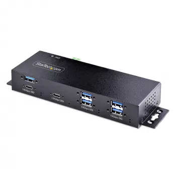 StarTech.com 7-Port Industrial USB 10Gbps Hub mit Netzteil, Metall, montierbar, 5x USB-A und 2x USB-C Downstream-Ports, ESD-Schutz, Powered USB-Hub, TAA