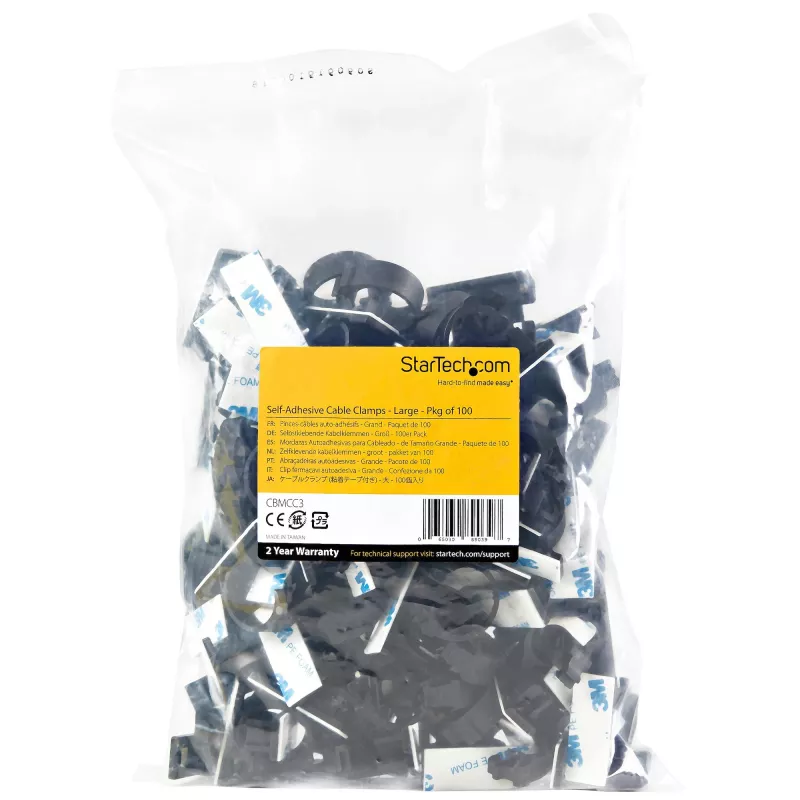 StarTech.com 100 selbstklebende Kabelmanagement-Clips Schwarz – Netzwerk/Ethernet/Bürotisch/Computerkabel-Organizer – Klebende Kabel-/Leitungshalter – Nylon-Selbstklebeclip UL/94V-2 feuerbeständig