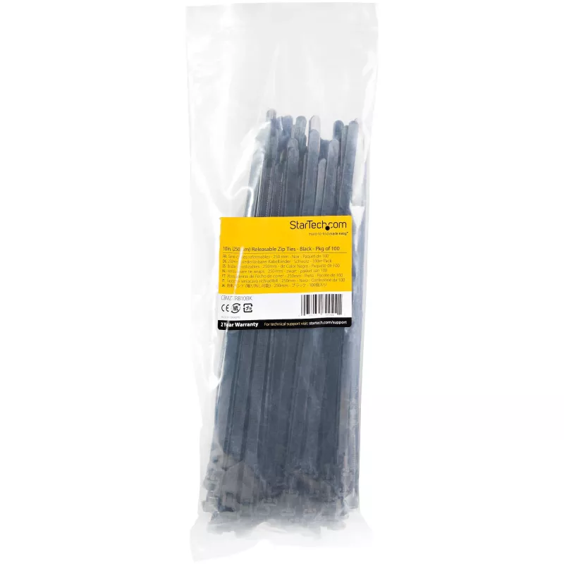 StarTech.com 10 Zoll (25cm) Wiederverwendbare Kabelbinder - 1/4 Zoll (7mm) breit, 2-1/2 Zoll (65mm) Bündeldurchmesser, 50lb (22kg) Zugfestigkeit, Lösbare Nylon-Kabelbinder, Innen-/Außenbereich, 94V-2/UL Gelistet, 100er Pack - Schwarz