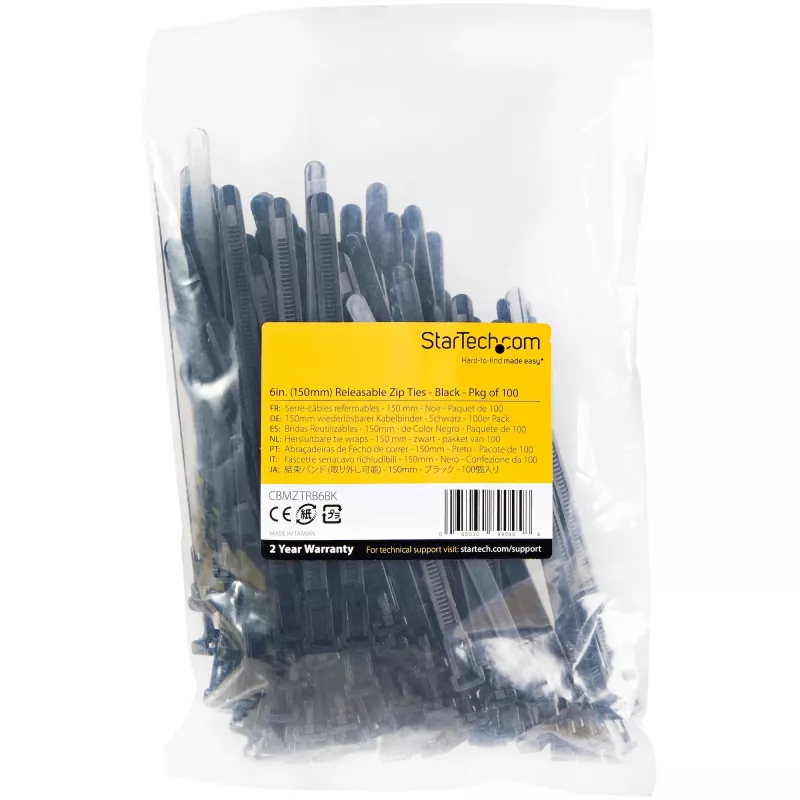 StarTech.com 15 cm wiederverwendbare Kabelbinder – 7 mm breit, 35 mm Bündeldurchmesser, 22 kg Zugfestigkeit, lösbare Nylonbinder, Innen-/Außenbereich, 94V-2/UL-gelistet, 100er-Pack – Schwarz