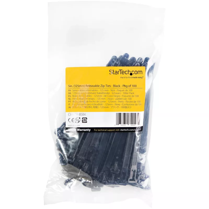 StarTech.com 12cm wiederverwendbare Kabelbinder – 7mm breit, 30mm Bündeldurchm., 22kg Zugfestigkeit, lösbare Nylonbinder, Innen/Außen, 94V-2/UL-gelistet, 100er-Pack – Schwarz