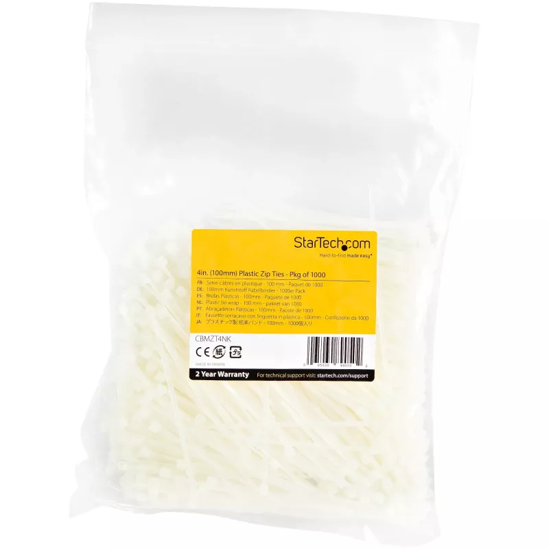 StarTech.com 4 Zoll (10 cm) Kabelbinder – 1,6 mm breit, 22 mm Bündeldurchmesser, 8 kg Zugfestigkeit, selbstsichernde Nylon-Kabelbinder mit gebogener Spitze – 94V-2/UL gelistet, 1000er-Pack – Weiß