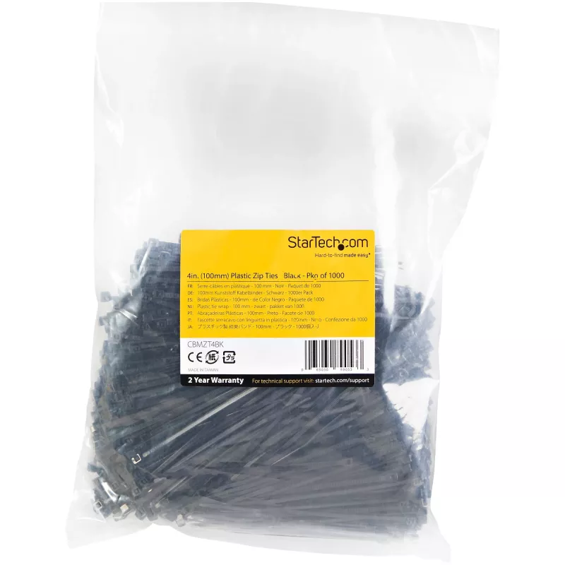 StarTech.com 4 Zoll (10 cm) Kabelbinder – 1/16 Zoll (2 mm) breit, 7/8 Zoll (22 mm) Bündeldurchmesser, 18 lb (8 kg) Zugfestigkeit, selbstsichernde Nylon-Kabelbinder mit gebogener Spitze – 94V-2/UL-gelistet, 1000er-Pack – Schwarz