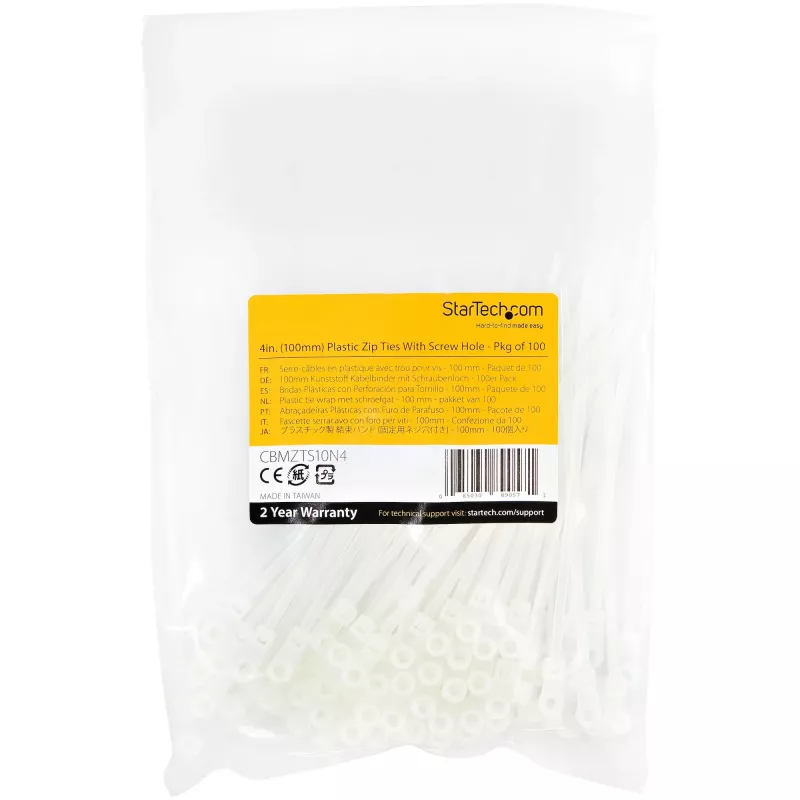 StarTech.com 4 Zoll (10 cm) Kabelbinder mit Befestigungsloch - 1/16 Zoll (2 mm) breit, 7/8 Zoll (24 mm) Bündeldurchmesser, 18 lb (8 kg) Zugfestigkeit, Nylon 66 selbstsichernde Kabelbinder mit Schraubloch, UL-gelistet, 100er-Pack