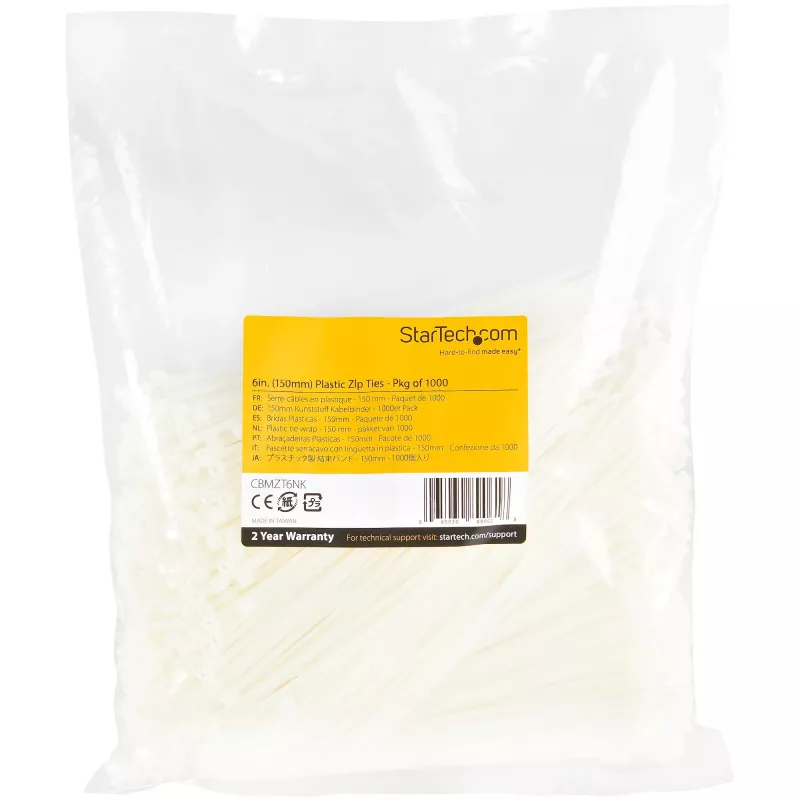 StarTech.com 15cm Kabelbinder – 3mm breit, 39mm Bündeldurchmesser, 18kg Zugfestigkeit, selbstsichernde Nylon-Kabelbinder mit gebogener Spitze – 94V-2/UL-gelistet, 1000er-Pack – Weiß