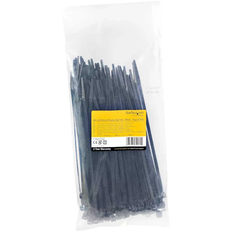 StarTech.com 20cm Kabelbinder – 4mm breit, 55mm Bündeldurchmesser, 22kg Zugfestigkeit, selbstsichernde Nylon-Kabelbinder mit gebogener Spitze – 94V-2/UL-gelistet, 100er-Pack – Schwarz