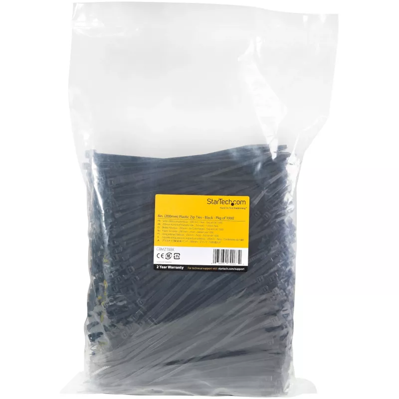 StarTech.com 20 cm Kabelbinder – 4 mm breit, 55 mm Bündeldurchmesser, 22 kg Zugfestigkeit, selbstverriegelnde Nylon-Kabelbinder mit gebogener Spitze – 94V-2/UL-gelistet, 1000er-Pack – Schwarz