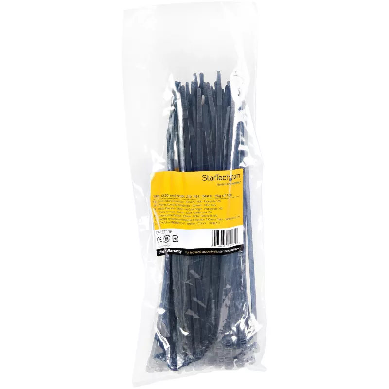 StarTech.com 25-cm-Kabelbinder – 4 mm breit, 68 mm Bündeldurchmesser, 22 kg Zugfestigkeit, selbstverriegelnde Nylon-Kabelbinder mit gebogener Spitze – 94V-2/UL-gelistet, 100er-Pack – Schwarz