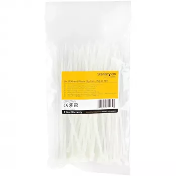 StarTech.com 100er-Pack 6 Zoll (15 cm) Kabelbinder – 1/8 Zoll (3,6 mm) breit, 1-3/8 Zoll (39 mm) Bündeldurchmesser, 40 lb (18 kg) Zugfestigkeit, selbstsichernde Nylon-Kabelbinder mit gebogener Spitze, UL-gelistet, weiß – TAA