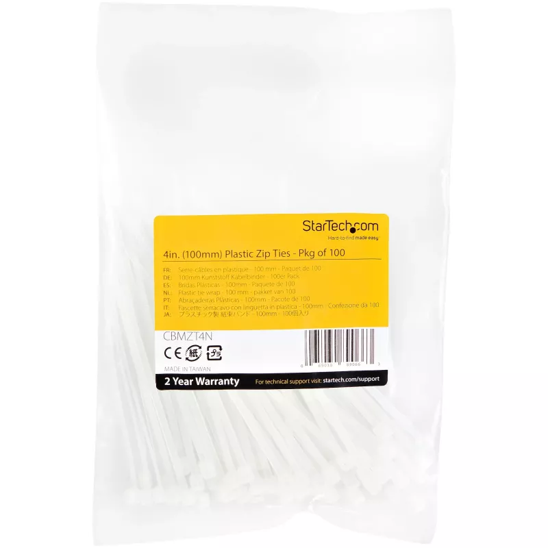 StarTech.com 4 Zoll (10 cm) Kabelbinder – 1/16 Zoll (2 mm) breit, 7/8 Zoll (22 mm) Bündeldurchmesser, 18 lb (8 kg) Zugfestigkeit, selbstverriegelnde Nylon-Kabelbinder mit gebogener Spitze – 94V-2/UL-gelistet, 100er-Pack – Weiß