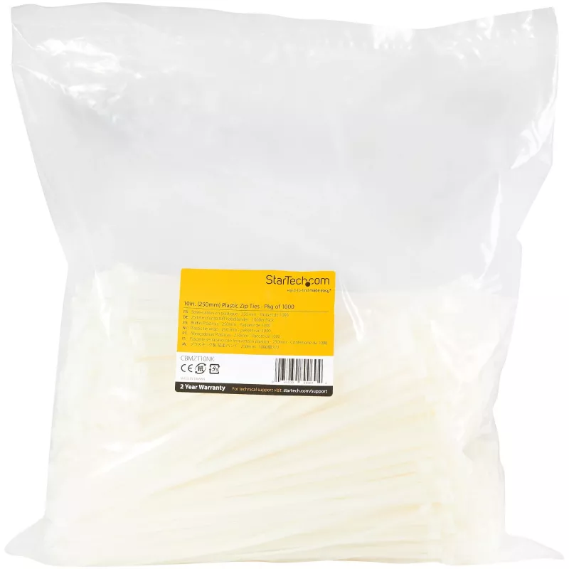 StarTech.com 10 Zoll (25 cm) Kabelbinder – 1/8 Zoll (4 mm) breit, 6,8 cm Bündeldurchmesser, 22 kg Zugfestigkeit, selbstsichernde Nylon-Kabelbinder mit gebogener Spitze, 94V-2/UL-gelistet, 1000er-Pack – Weiß
