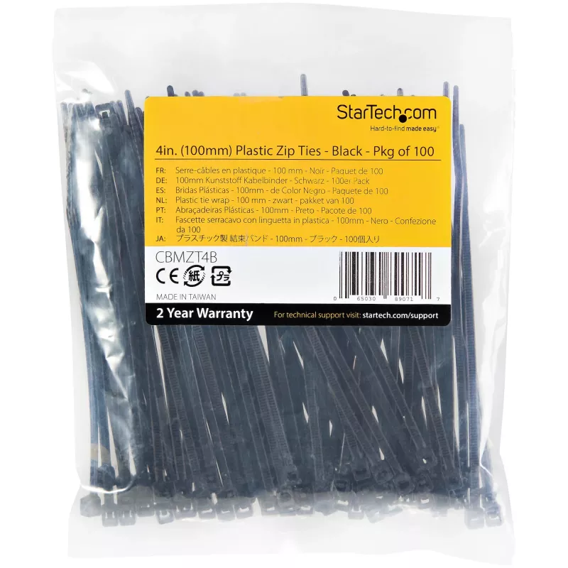 StarTech.com 4 Zoll (10cm) Kabelbinder – 1/16 Zoll (2mm) breit, 7/8 Zoll (22mm) Bündeldurchmesser, 18lb (8kg) Zugfestigkeit, selbstverriegelnde Nylon-Kabelbinder mit gebogener Spitze – 94V-2/UL gelistet, 100er-Pack – Schwarz