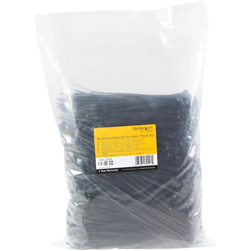 StarTech.com 1000er-Pack 6 Zoll (15 cm) Kabelbinder – 1/8 Zoll (3,6 mm) breit, 1-3/8 Zoll (39 mm) Bündeldurchmesser, 18 kg Zugfestigkeit, selbstsichernde Nylon-Kabelbinder mit gebogener Spitze, UL-gelistet, Schwarz – TAA