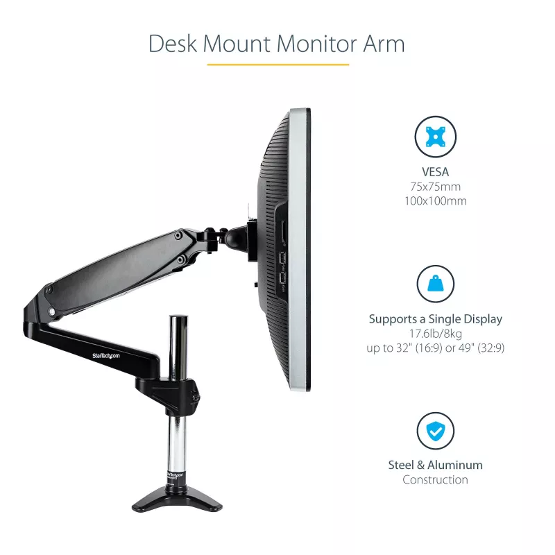 StarTech.com Schreibtisch-Monitorhalterung für einzelnes VESA-Display bis 32 Zoll oder 49 Zoll Ultrawide 8kg – voll bewegliche Gelenk- und Höhenverstellung – C-Klemme, Tischdurchführung – Einzelmonitorarm