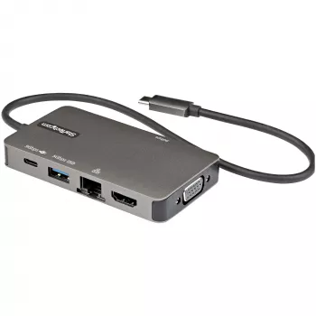 StarTech.com USB-C Multiport-Adapter – USB-C auf 4K 30Hz HDMI oder 1080p VGA – USB Type-C Mini-Dock mit 100W Power Delivery Passthrough, 3-Port USB Hub 5Gbps, GbE – 12″ (30 cm) fest verbautes Kabel