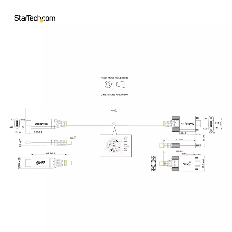 StarTech.com 50cm (20″) seitlich verschraubbares USB-C-Kabel 10Gbps – USB 3.1/3.2 Gen 2 Typ-C-Kabel – 100W (5A) Power Delivery-Ladung, DP Alt Mode – Doppel-Schraubverriegelung – USB-C-Kabel laden/synchronisieren