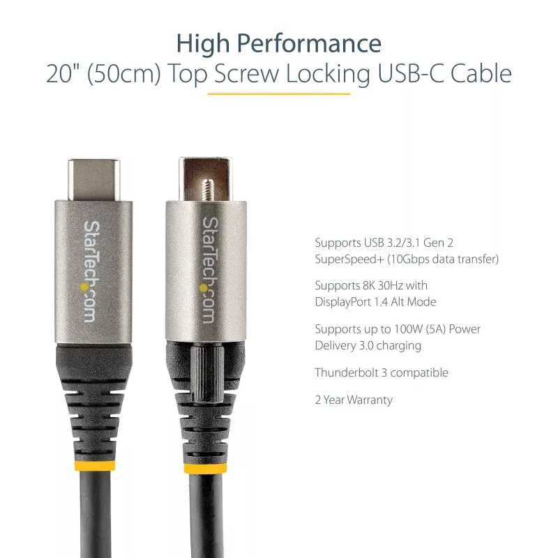 StarTech.com 50 cm Top Screw Locking USB-C-Kabel 10 Gbit/s – USB 3.1/3.2 Gen 2 Typ-C-Kabel – 100 W (5 A) Power Delivery Ladeleistung, DP Alt Mode – Einfach-Schraubsicherung, USB-C Kabel Laden/Synchronisieren