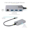 StarTech.com 3-Port USB-Hub mit Ethernet - 3x USB-A-Anschlüsse - Gigabit Ethernet (RJ-45) - USB 3.0 5Gbit/s - Bus-gespeist - 30 cm langes Kabel - Tragbarer Laptop-USB-Hub-Adapter mit GbE