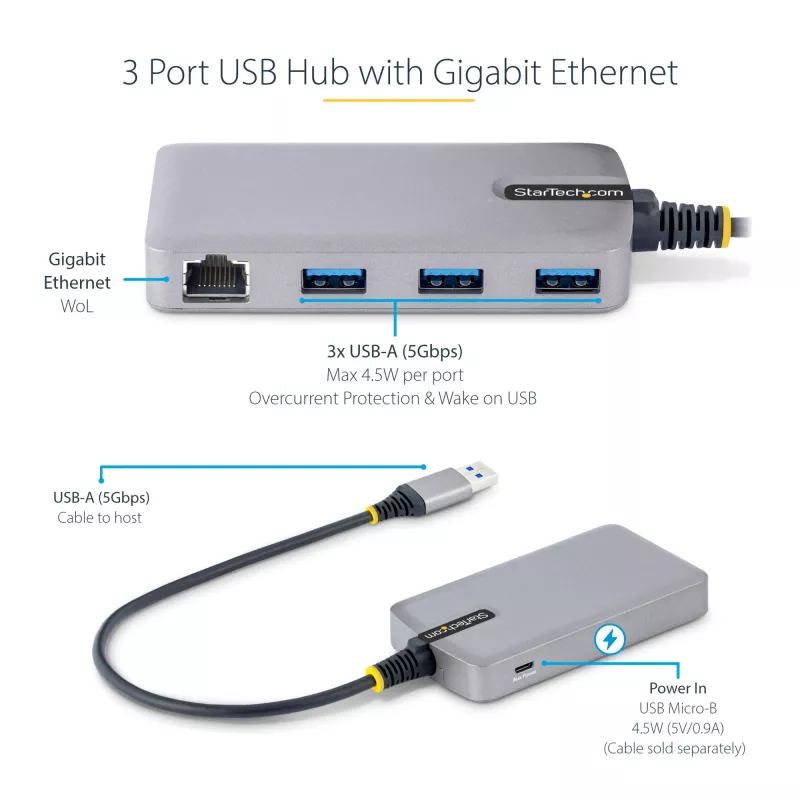 StarTech.com 3-Port USB-Hub mit Ethernet - 3x USB-A-Anschlüsse - Gigabit Ethernet (RJ-45) - USB 3.0 5Gbit/s - Bus-gespeist - 30 cm langes Kabel - Tragbarer Laptop-USB-Hub-Adapter mit GbE