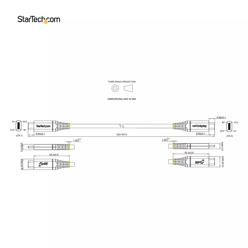 StarTech.com 20 Zoll (50 cm) USB-C-Kabel 10 Gbit/s – USB-3.1-Typ-C-Kabel – 100 W (5 A) Power-Delivery-Ladung, DP Alt Mode – USB-C-Kabel für USB-C-Laptop/Telefon/Gerät – Laden/Synchronisieren