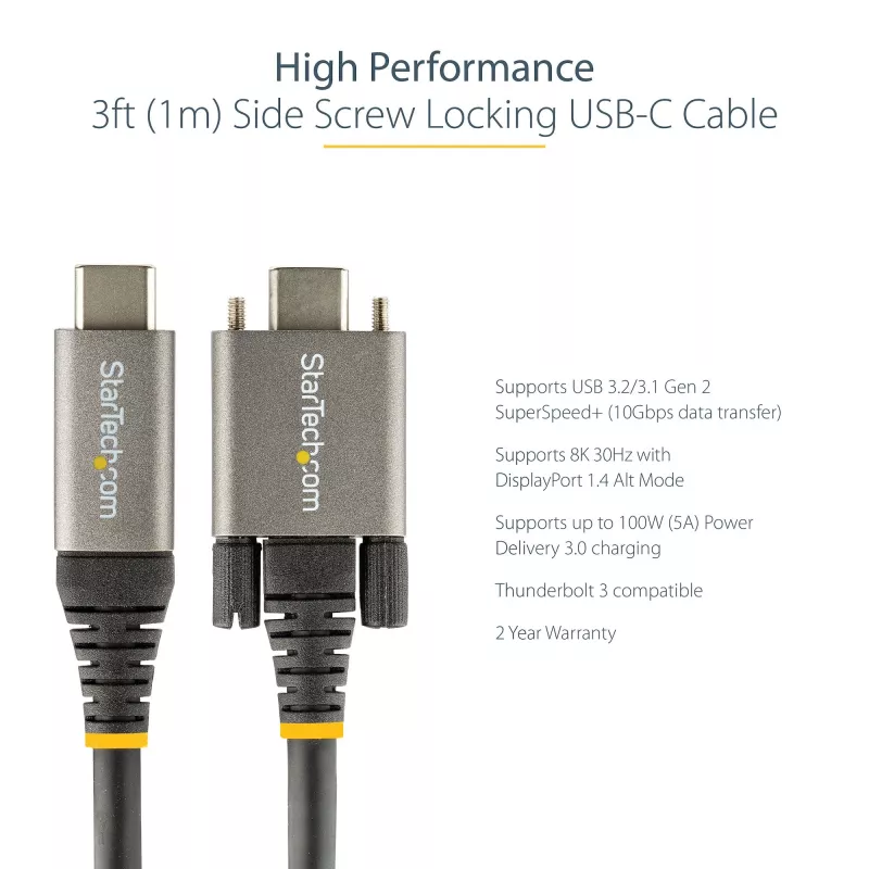 StarTech.com 0,91 m seitliche Schraubverriegelung USB-C-Kabel 10 Gbit/s – USB-IF-zertifiziertes USB-C-Kabel – USB 3.1/3.2 Gen 2 Typ-C-Kabel – 100 W (5 A) Power Delivery Ladung, DP Alt Mode – doppelte Schraubverriegelung – USB-C Kabel laden/synchronisieren