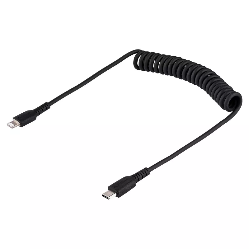 StarTech.com 1m (3ft) USB-C auf Lightning Kabel, MFi-zertifiziert, Spiralkabel iPhone Ladekabel, Schwarz, robuste TPE-Ummantelung Aramidfaser, strapazierfähiges Spiralkabel Lightning