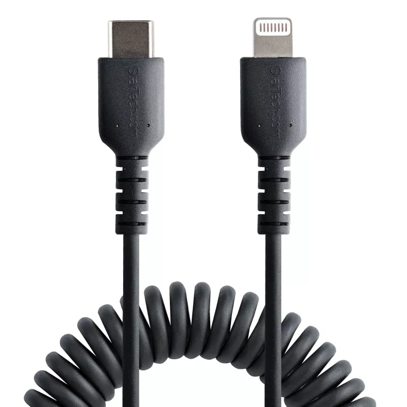 StarTech.com 1m (3ft) USB-C auf Lightning Kabel, MFi-zertifiziert, Spiralkabel iPhone Ladekabel, Schwarz, robuste TPE-Ummantelung Aramidfaser, strapazierfähiges Spiralkabel Lightning
