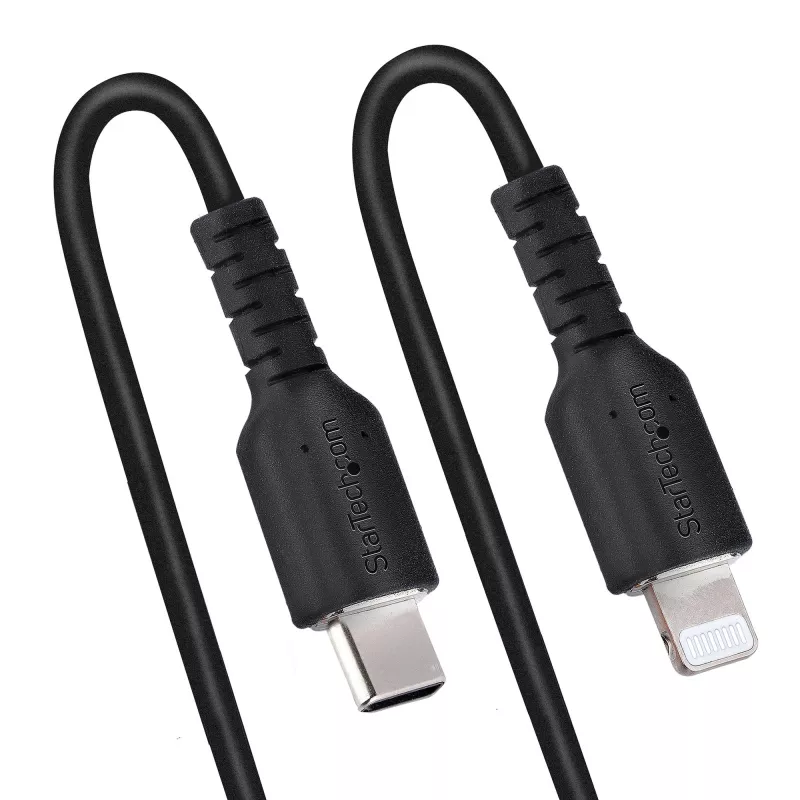 StarTech.com 1m (3ft) USB-C auf Lightning Kabel, MFi-zertifiziert, Spiralkabel iPhone Ladekabel, Schwarz, robuste TPE-Ummantelung Aramidfaser, strapazierfähiges Spiralkabel Lightning
