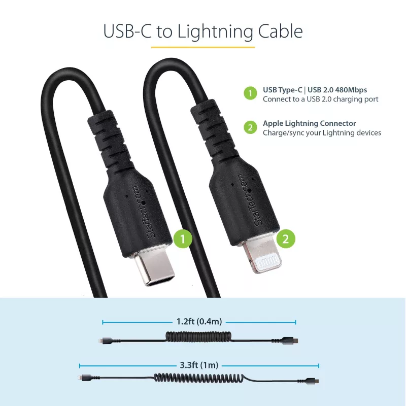 StarTech.com 1m (3ft) USB-C auf Lightning Kabel, MFi-zertifiziert, Spiralkabel iPhone Ladekabel, Schwarz, robuste TPE-Ummantelung Aramidfaser, strapazierfähiges Spiralkabel Lightning