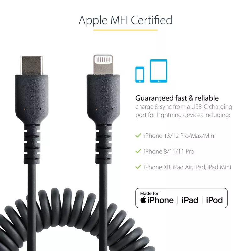 StarTech.com 1m (3ft) USB-C auf Lightning Kabel, MFi-zertifiziert, Spiralkabel iPhone Ladekabel, Schwarz, robuste TPE-Ummantelung Aramidfaser, strapazierfähiges Spiralkabel Lightning