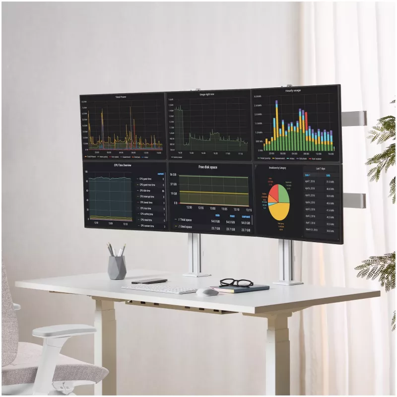 StarTech.com Sechs-Monitor-Tischhalterung mit Querträger, für bis zu 32-Zoll-Computerbildschirme, max. 8 kg pro Monitor, Doppelsäule, C-Klemme/Tischdurchführung, höhenverstellbar
