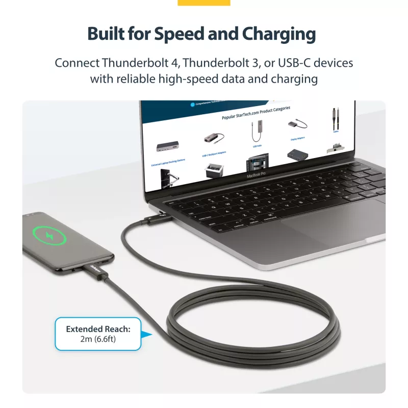 StarTech.com 2m aktives Thunderbolt 4 Kabel, 40 Gbit/s, 100W Power Delivery, 4K/8K Video, Intel-zertifiziertes Thunderbolt Kabel – Kompatibel mit USB4/Thunderbolt 4/USB 3.2/USB Type-C/DisplayPort/Thunderbolt 3