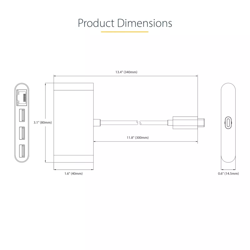 StarTech.com 3-Port USB-C Hub mit Ethernet - 3x USB-A - Gigabit-Ethernet - USB 3.0 5Gbps - busgespeist - 1ft/30cm langes USB Type-C Hostkabel - GbE - tragbarer USB-C auf USB-A Hub