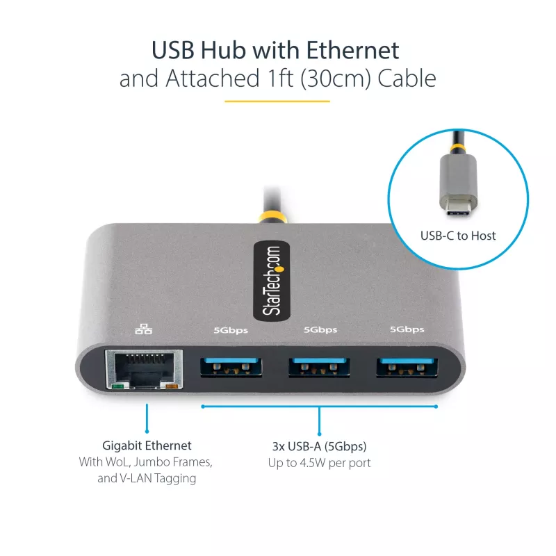 StarTech.com 3-Port USB-C Hub mit Ethernet - 3x USB-A - Gigabit-Ethernet - USB 3.0 5Gbps - busgespeist - 1ft/30cm langes USB Type-C Hostkabel - GbE - tragbarer USB-C auf USB-A Hub